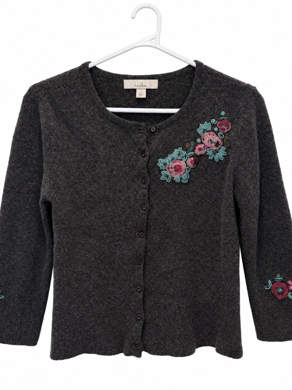 Caslon Floral Embroidered Beaded Cardigan Gray Wool Blend Coffagecore
